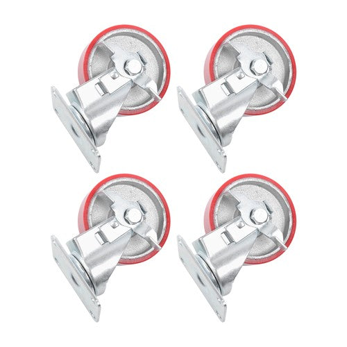 Four 4-inch red polyurethane galvanized casters with side brakes