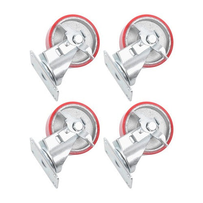 Four 4-inch red polyurethane galvanized casters with side brakes
