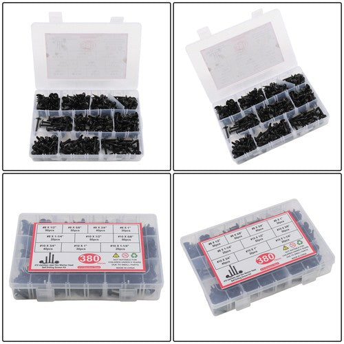 380Pcs Self Tapping Phillips Screws Kits #8 #10 Stainless Steel 410 With Box