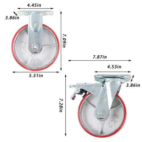 6" X 2" Industrial Casters - 2 Fixed and 2 Swivel Caster Wheels with Brakes