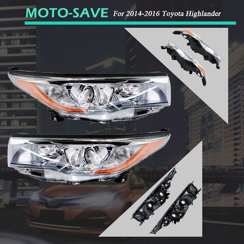 Left+Right Side Clear Front Headlights Headlamps For Toyota Highlander 2014-2016