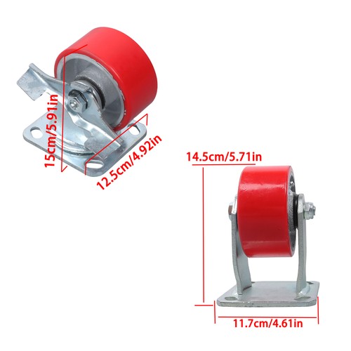 4 Heavy Duty Caster Set 4" Polyurethane on Cast Iron Wheels No Mark Red