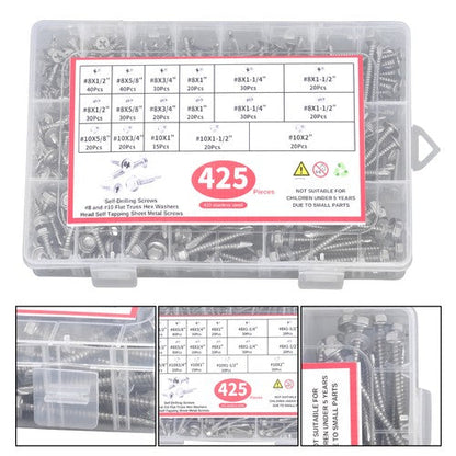 425 Pcs 410 Stainless Steel Self-Tapping Screws, #8 #10 Self-Drilling Set