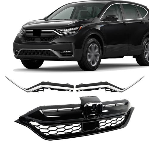 For Honda CR-V 2020-2022 Plastic Front Bumper Grille w/ 2pcs Chrome Trim Strip