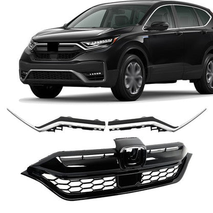 For Honda CR-V 2020-2022 Plastic Front Bumper Grille w/ 2pcs Chrome Trim Strip