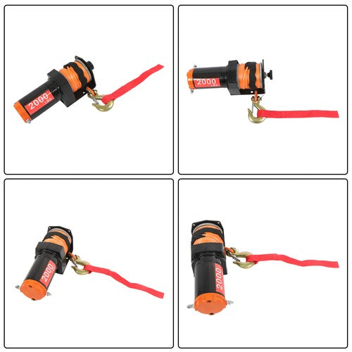 Electric Winch Black+Orange 2000lbs 12VDC/1.1HP Motor 0.18in*50ft Synthetic Rope