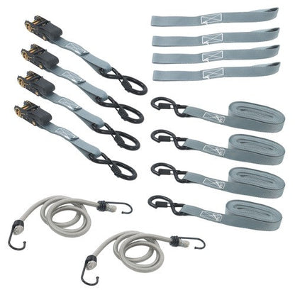 4 Pack Ratchet Strap Polyester Gray 2200lbs 1in*15ft S Hook 36' Stretch Cord*2