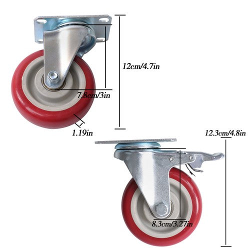 4 pcs 4-inch universal casters red (2 with brakes and 2 without brakes)