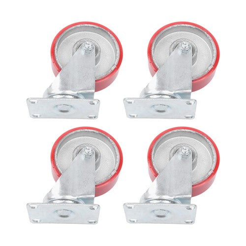 Four 4-inch red polyurethane galvanized casters with side brakes