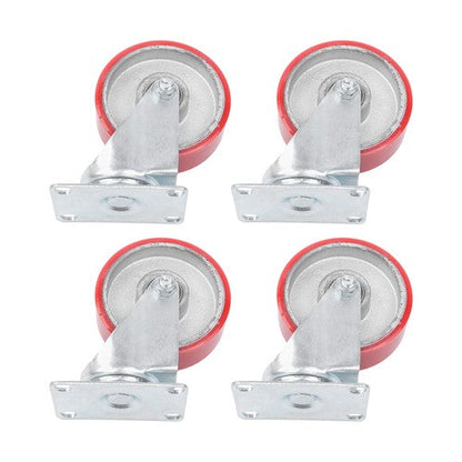 Four 4-inch red polyurethane galvanized casters with side brakes