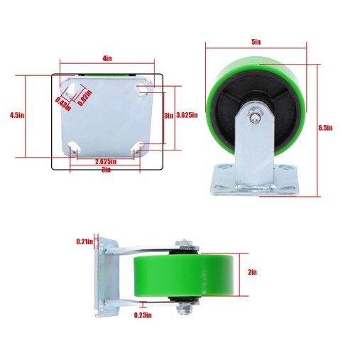 Polyurethane 1000Lbs 5"×2" Caster Wheels Green Straight Wheels Heavy Duty