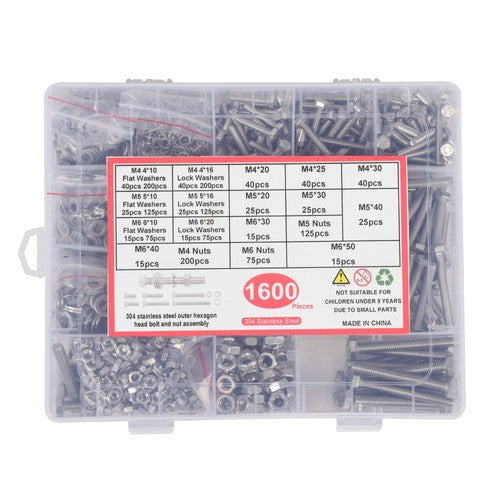 1600PCS of M6 M4 M5 Heavy Duty Nuts Flat and Bolts & Lock Washers Assortment Kit