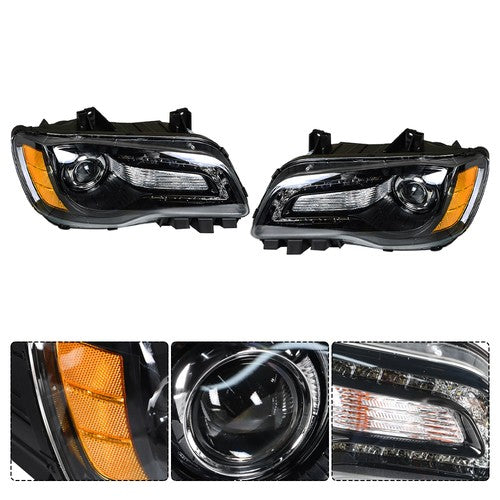 Pair Headlights Headlamps Halogen Black  Clear Lens For Chrysler 300 2011-2014