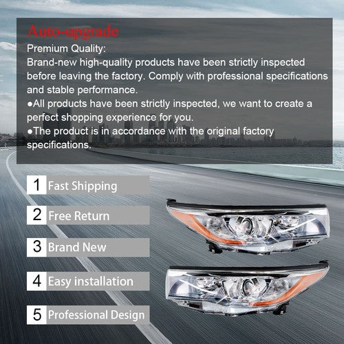 Front Headlights Headlamps For Toyota Highlander 2014-2016 Left+Right Side Clear