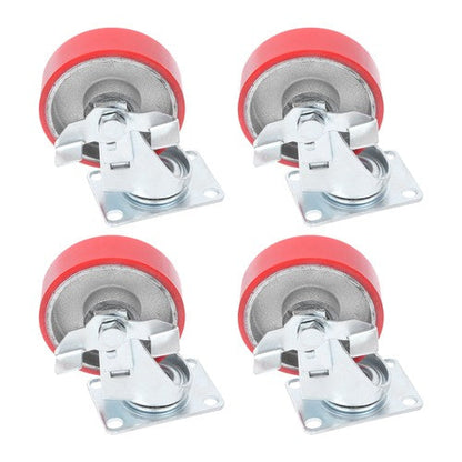 Four 4-inch red polyurethane galvanized casters with side brakes