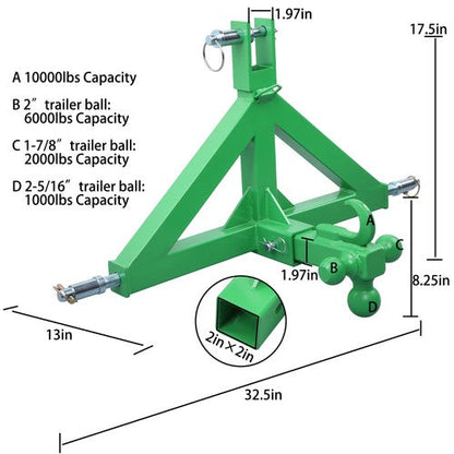 For Kubota 3 Point 2" Trailer Hitch Receiver Tractor Drawbar Quick Hitch Adapter