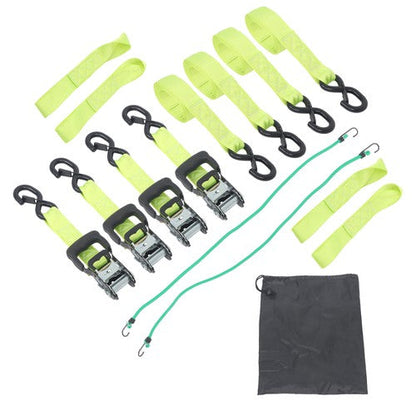 4-Pack 1.6"x8' Green Ratchet Straps Kit 5,208lb Break Strength w/ Safety S Hooks