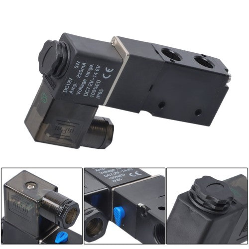 DC 12V 3-Way 2 Position 1/4"PT Pneumatic Air Control NC Solenoid Valve w/ Light