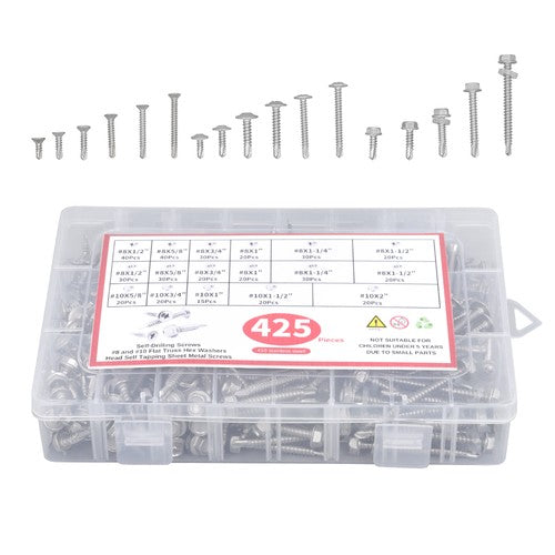 425 Pcs 410 Stainless Steel Self-Tapping Screws, #8 #10 Self-Drilling Set