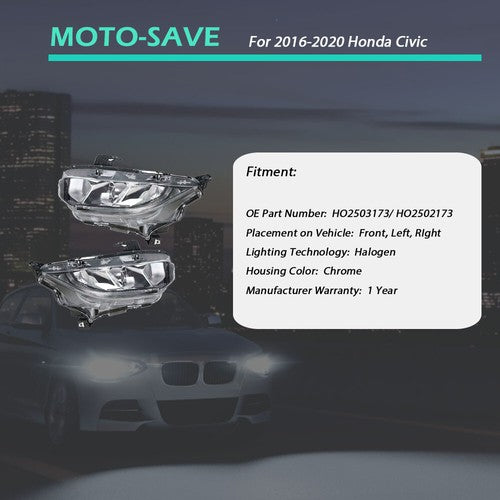 Headlight Fit For Honda Civic 2016-2020 Headlamps Driver + Passenger Side Pair