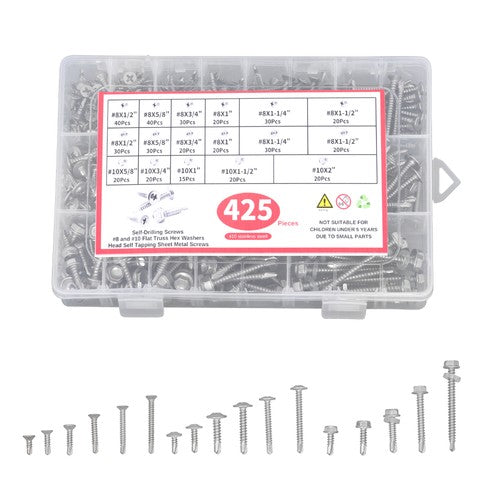 425 Pcs 410 Stainless Steel Self-Tapping Screws, #8 #10 Self-Drilling Set