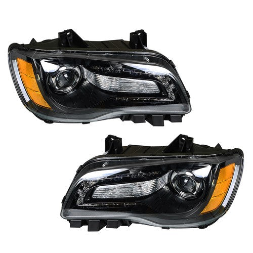 Pair Headlights Headlamps Halogen Black  Clear Lens For Chrysler 300 2011-2014