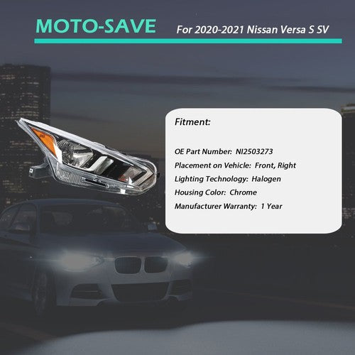 Headlight Halogen For Nissan Versa S SV 2020-2021 Headlamps Assembly RH Chrome