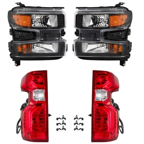 Headlights+Red Brake Tail Lights For 2019-2021 Chevy Silverado 1500 Halogen 4PCS