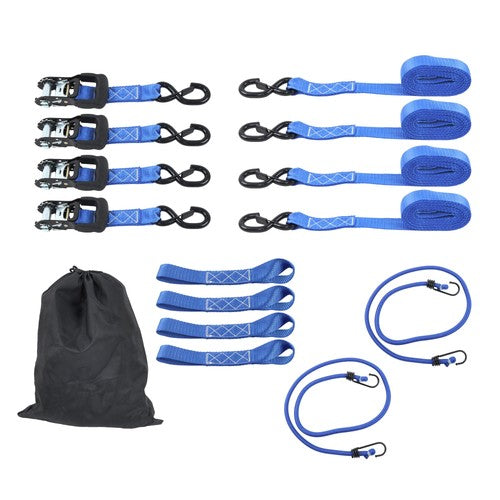 4 Pcs Steel Ratchet Strap Blue Fracture Strength 5208lbs 1.6in*15ft with S Hooks