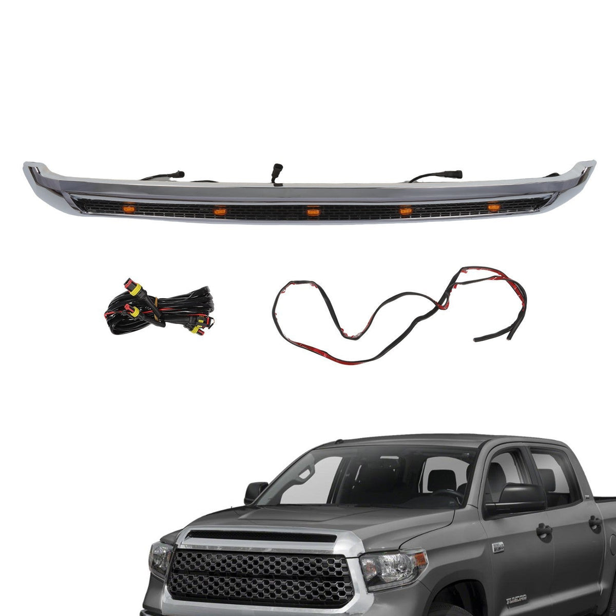 Chrome Front Upper Hood Bulge Molding Grille w/Lights for 2014-21 Toyota Tundra