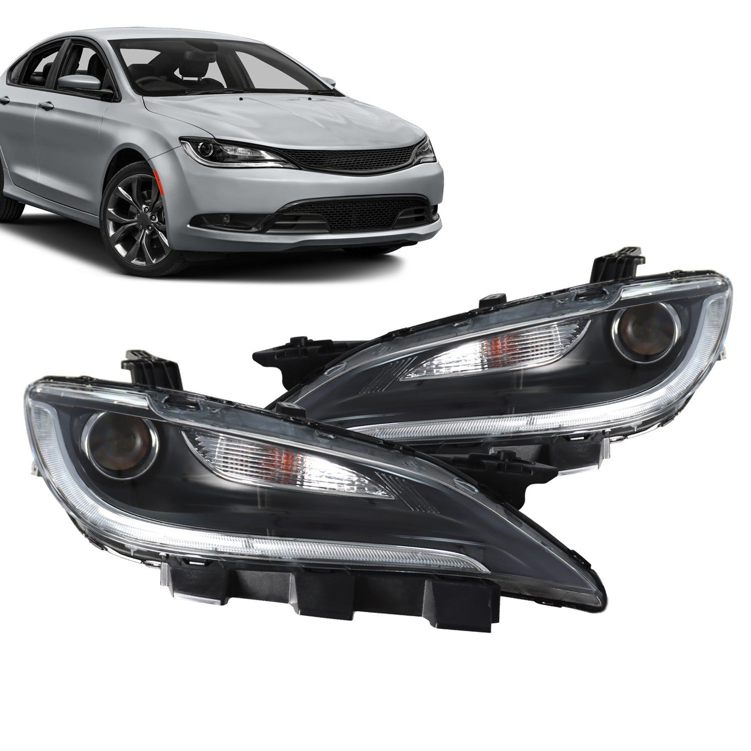 LED DRL Halogen Headlight Set Driver & Passenger Side for 2015-2017 Chrysler 200