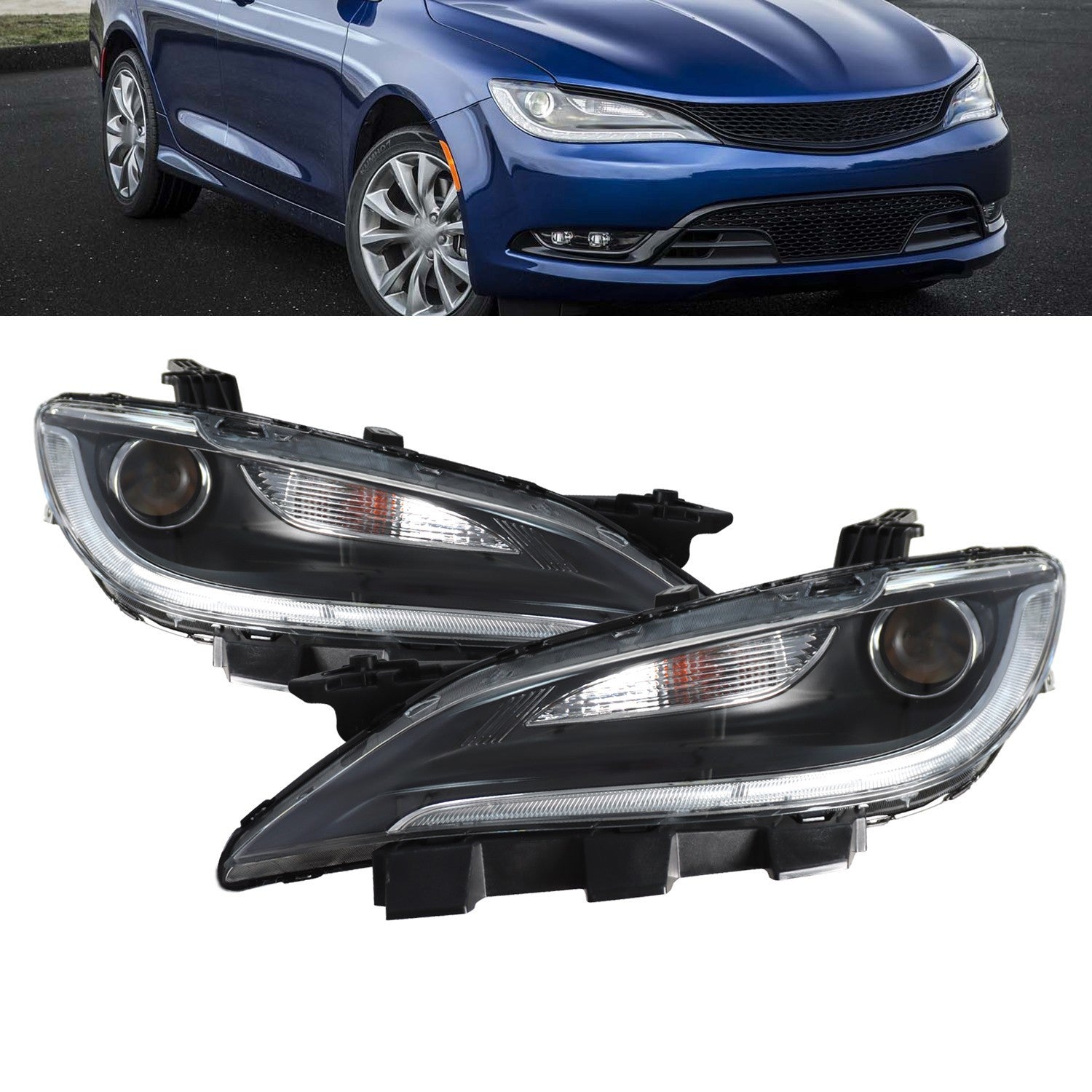 LED DRL Halogen Headlight Set Driver & Passenger Side for 2015-2017 Chrysler 200