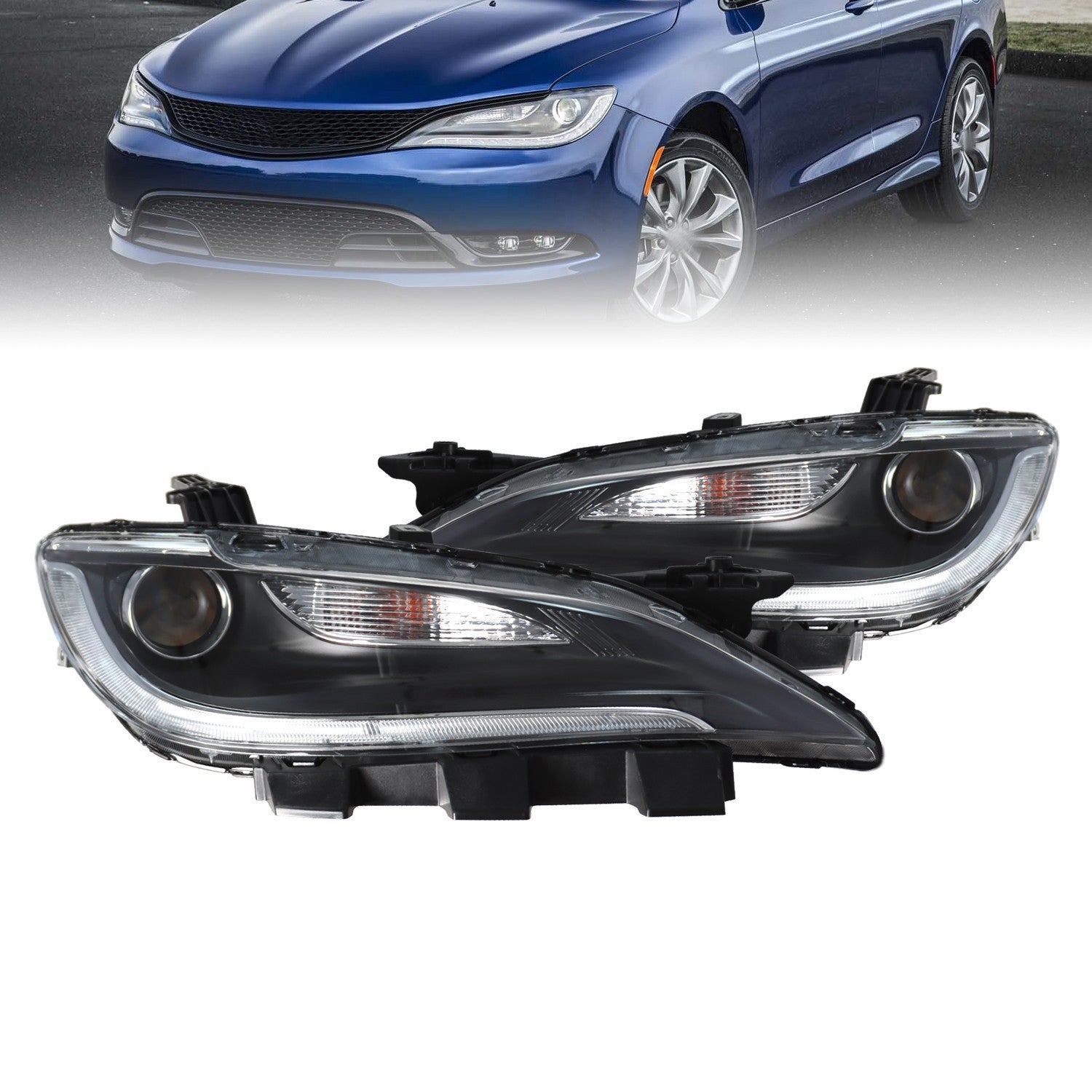 LED DRL Halogen Headlight Set Driver & Passenger Side for 2015-2017 Chrysler 200