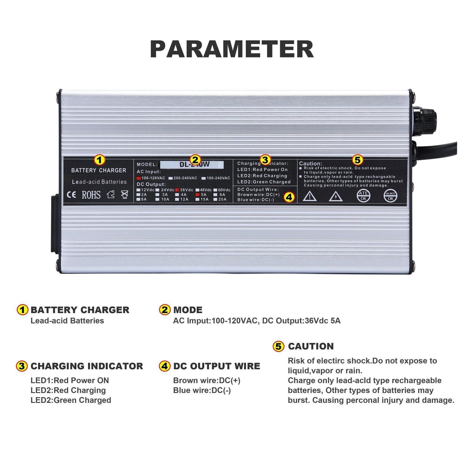 36V 5A Golf Cart Battery Charger for Yamaha Club Car EZGO Marathon
