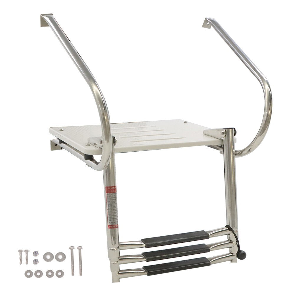 Telescoping 3-Step Stainless Steel Marine Ship Ladder with Platform & 2 Handles