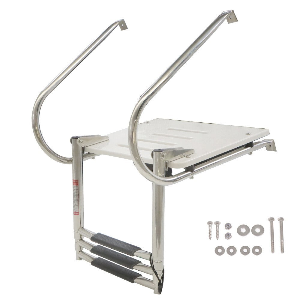Telescoping 3-Step Stainless Steel Marine Ship Ladder with Platform & 2 Handles