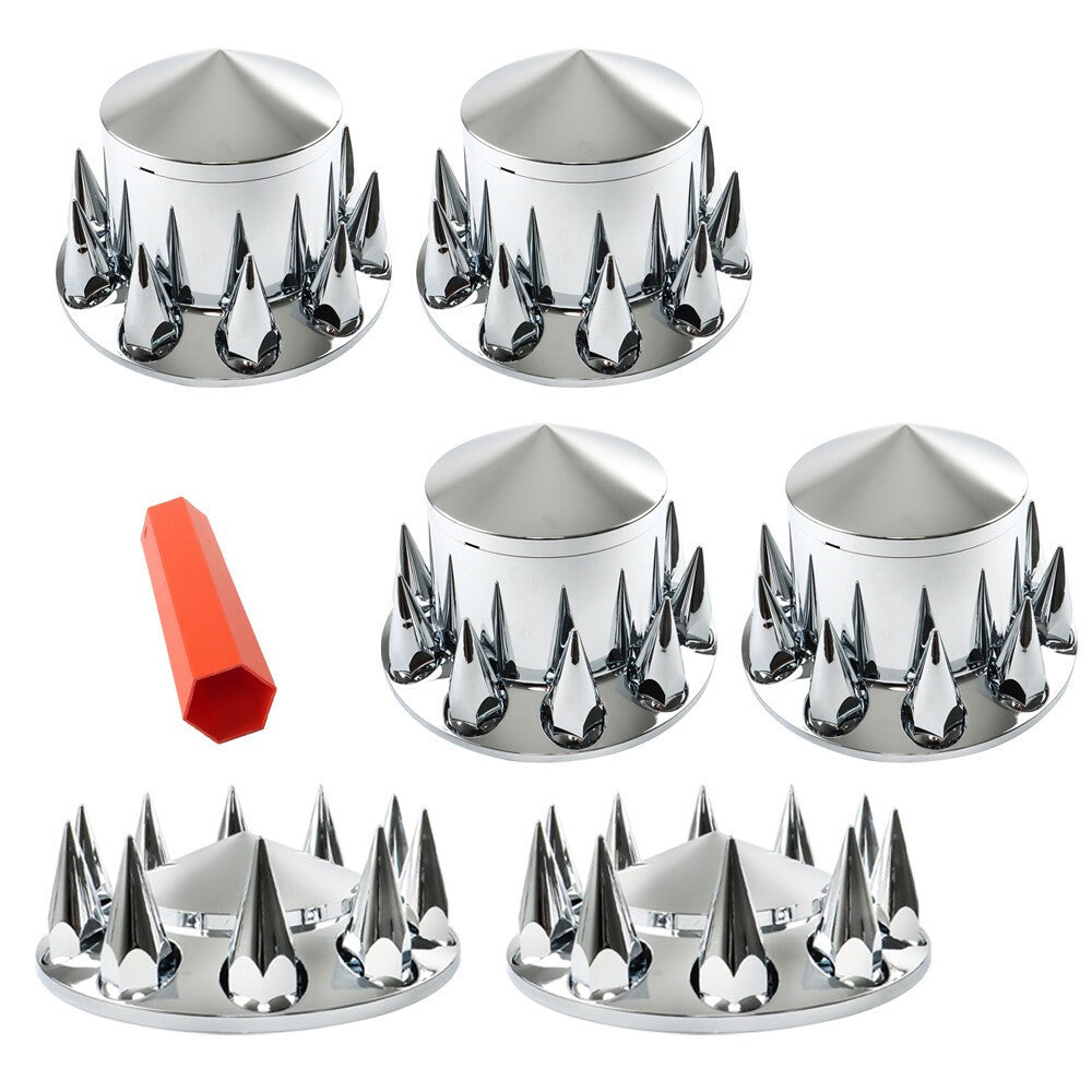 Chrome 33mm Spiked Hub Cover Kit Front & Rear Semi Truck Wheel Axle Caps