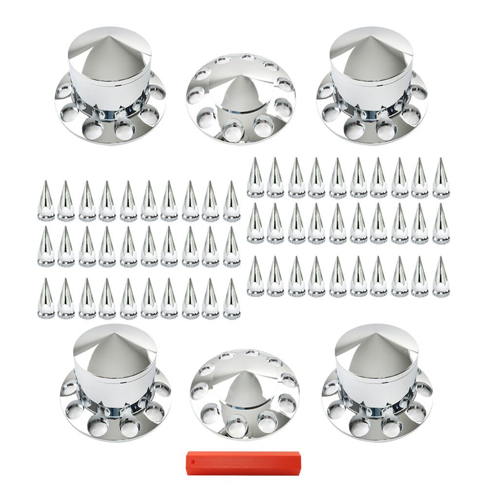 Chrome 33mm Spiked Hub Cover Kit Front & Rear Semi Truck Wheel Axle Caps