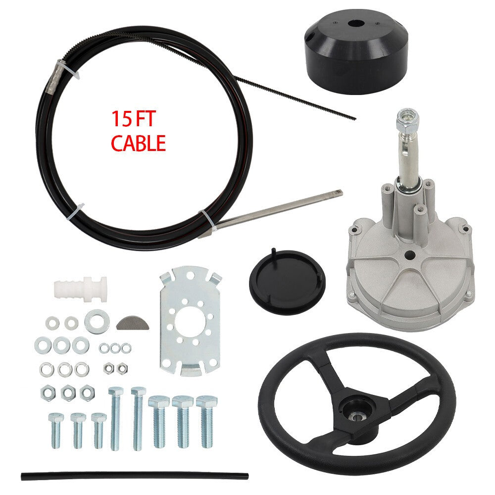15ft Boat Rotary Steering System Kit with Cable & Wheel for Outboard Motor