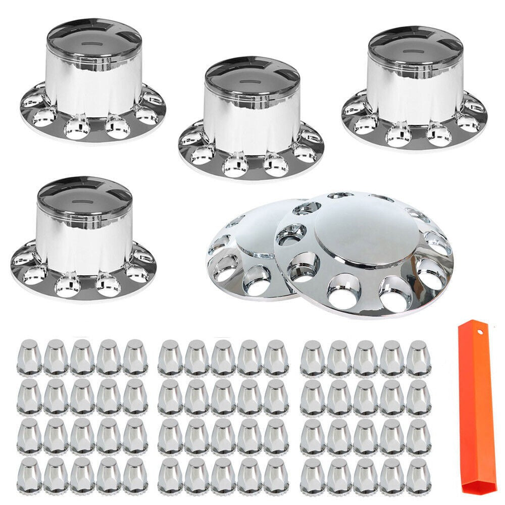 Chrome Hub Cover Kit 33mm Front & Rear Lug Semi Truck Wheel Axle Covers