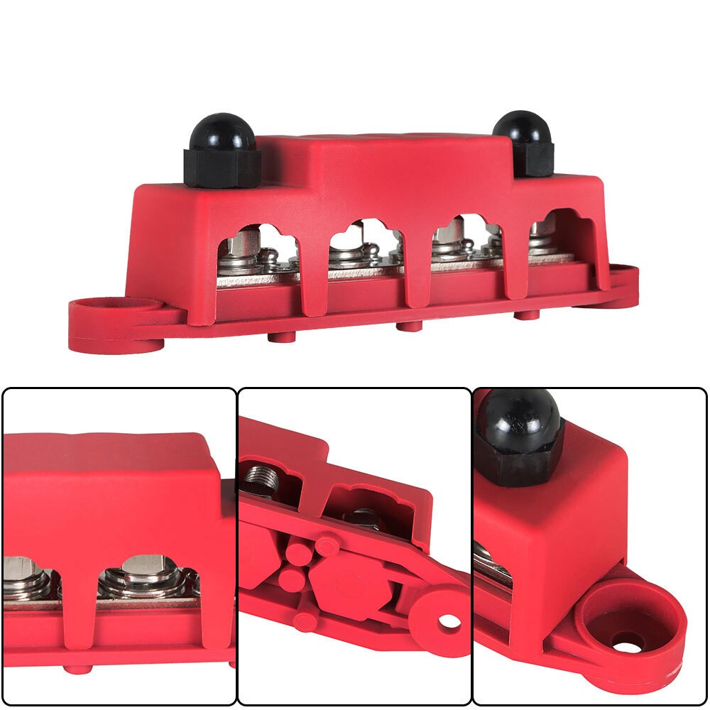 3/8" 250A 12V Red 4-Way Terminal Junction Block Busbar with Cover