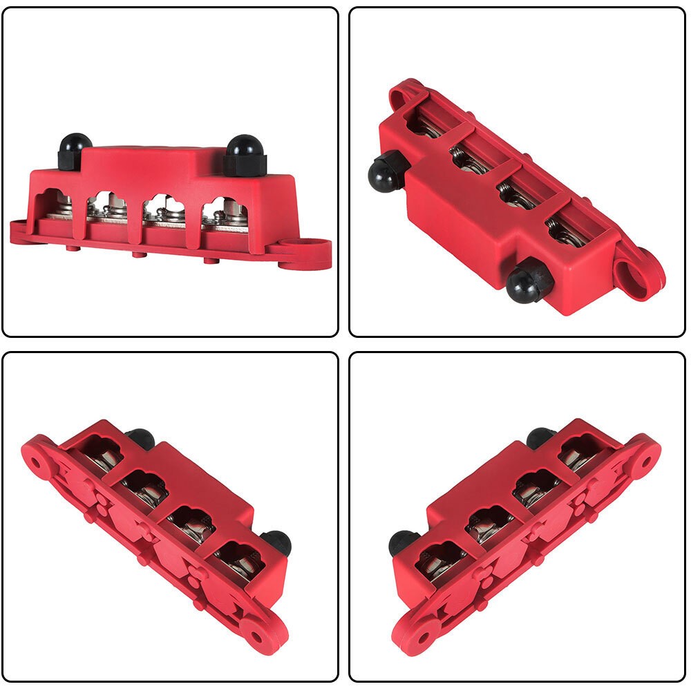 3/8" 250A 12V Red 4-Way Terminal Junction Block Busbar with Cover