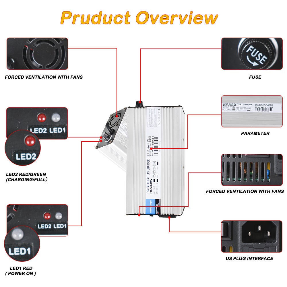 48V 6A Head Battery Charger with 3-Pin Plug for Club Car Ezgo Snap Scooters