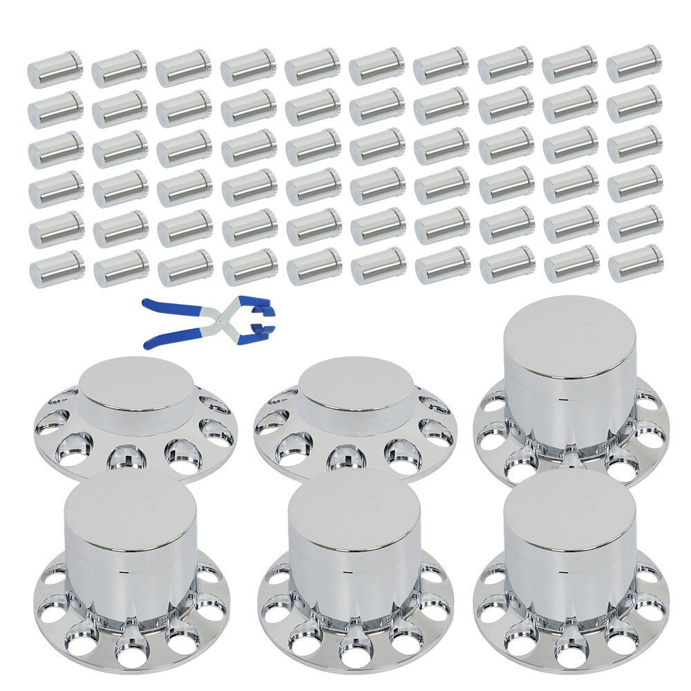 Chrome Hub Cap Kit with 2 Front & 4 Rear Wheels + 33mm Flat Head Lug Nuts