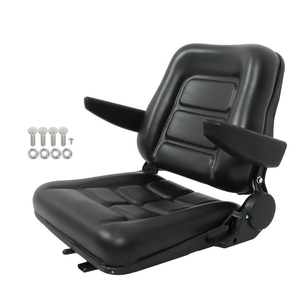 Black Universal Forklift Seat PVC Tractor Seat Foldable w/ Armrests & Switch