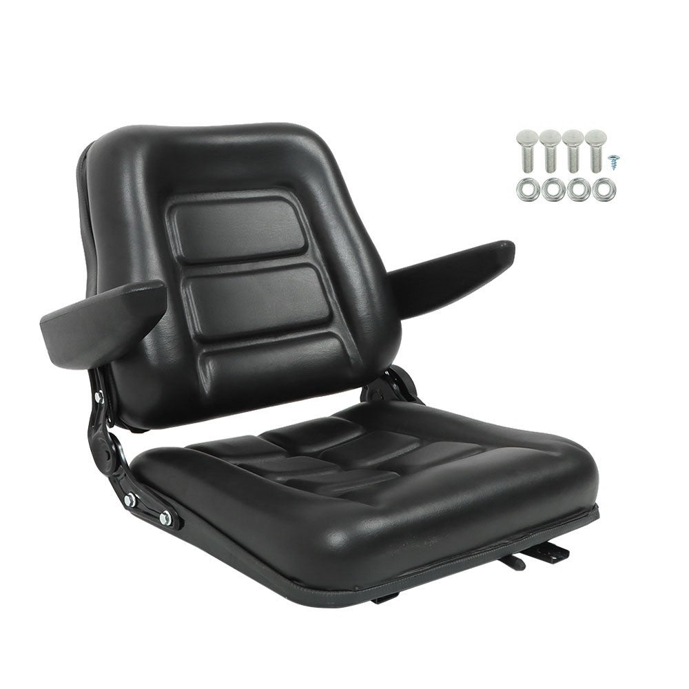 Black Universal Forklift Seat PVC Tractor Seat Foldable w/ Armrests & Switch