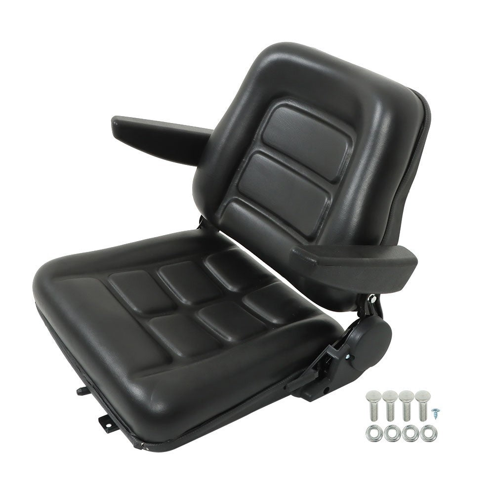 Black Universal Forklift Seat PVC Tractor Seat Foldable w/ Armrests & Switch