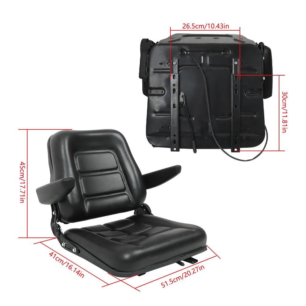Black Universal Forklift Seat PVC Tractor Seat Foldable w/ Armrests & Switch