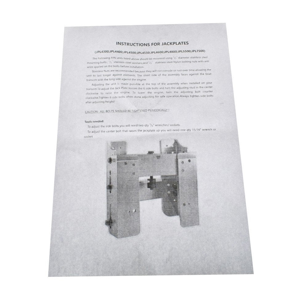 Jack Plate Outboard JPL4400 Adjustable 4" Boat Motor Mount Plate