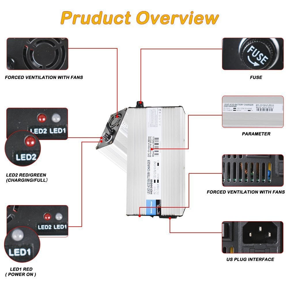 48V 6A Snap Head 3-Pin Battery Charger for EZGO Golf Cart Scooters